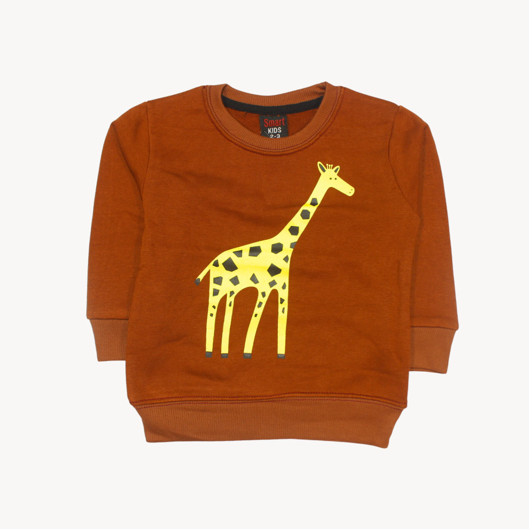 Dark Brow Yellow Giraffe Printed Terry Sweat Shirt