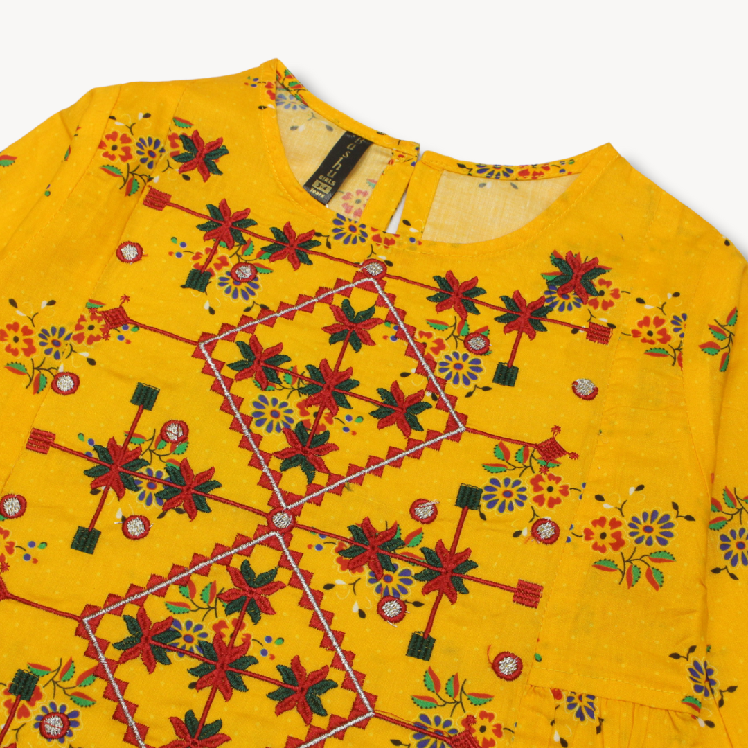 Yellow with Red Floral Embroidered Cotton Kurti