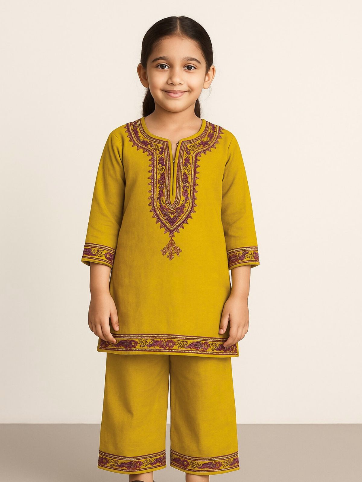 Mustard  Purple Embroidery Khaddar Shalwar Qameez
