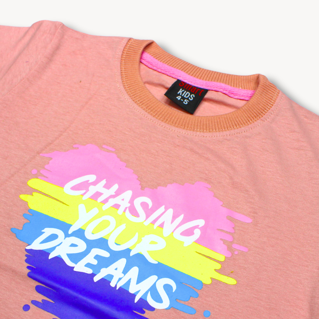 Peach Chasing Your Dreams Printed Cotton T-Shirt