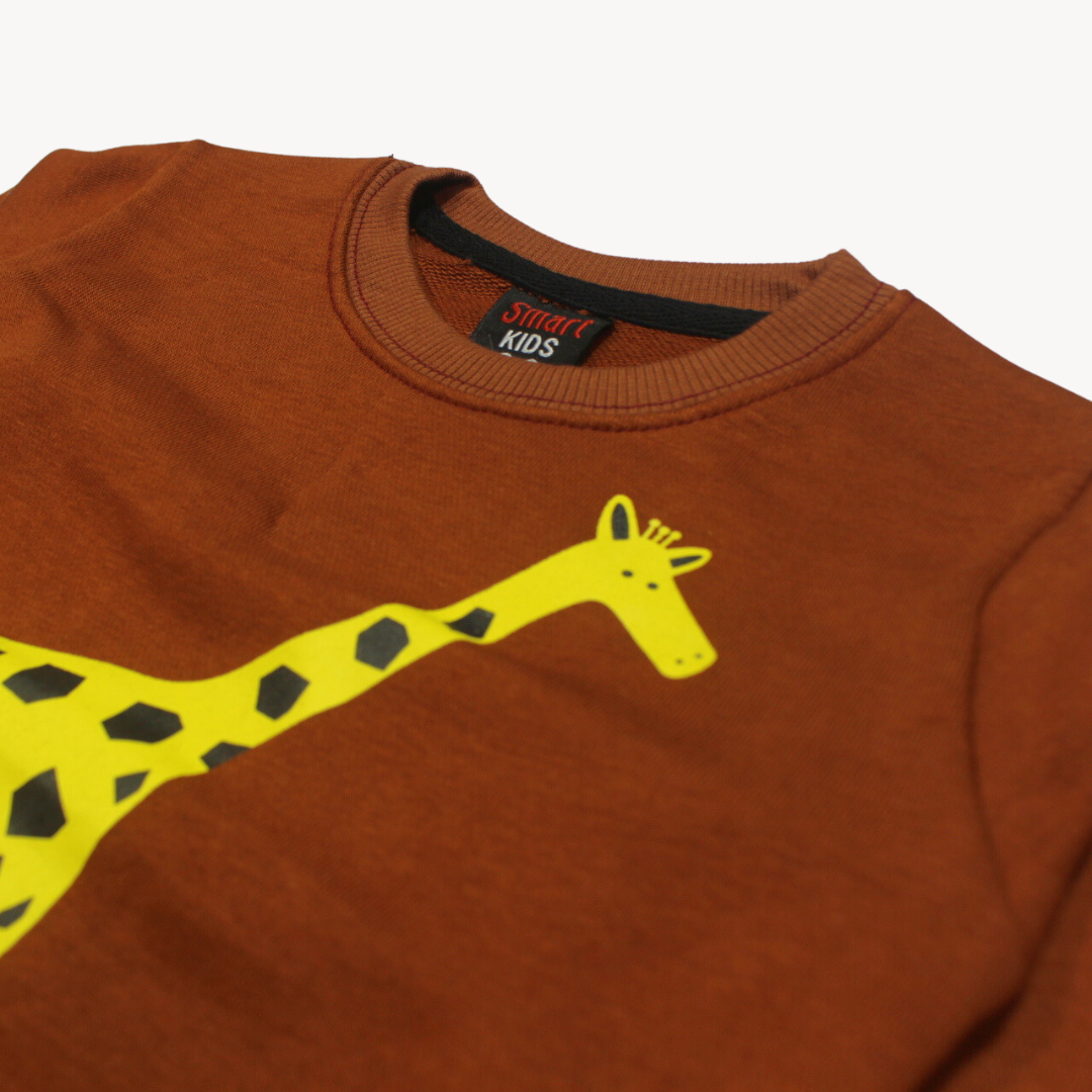 Dark Brow Yellow Giraffe Printed Terry Sweat Shirt