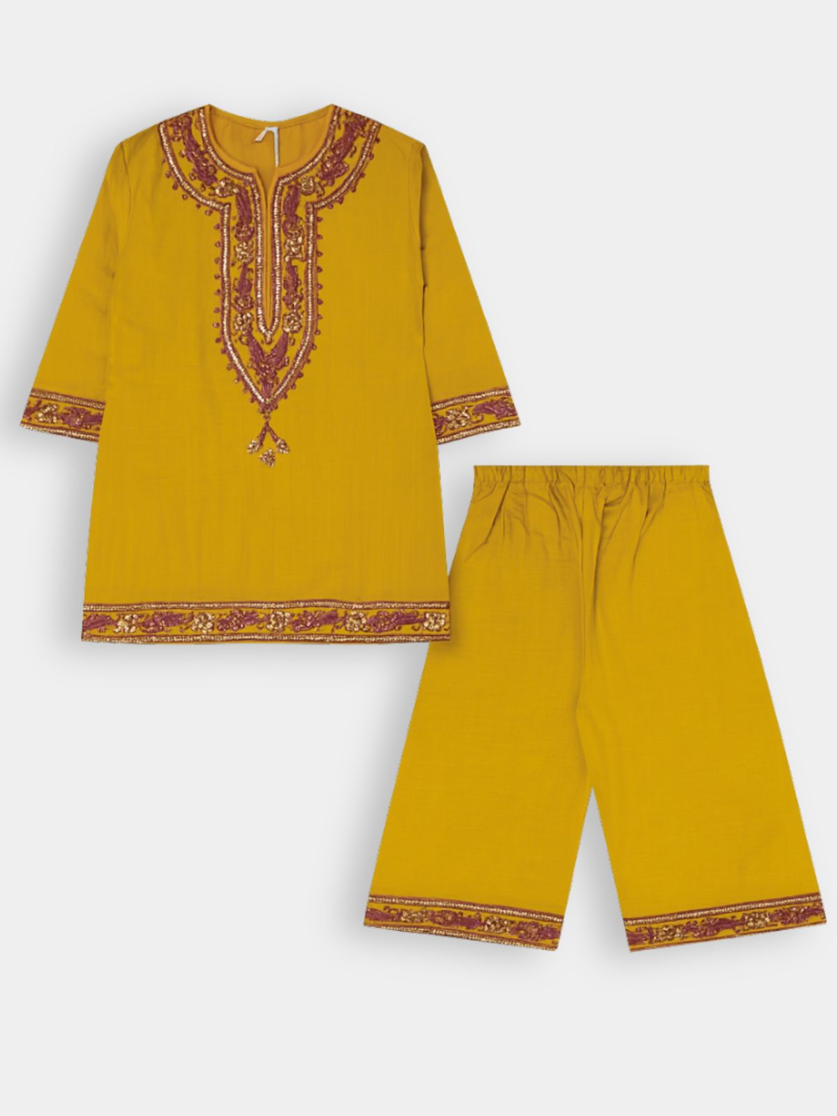 Mustard Yellow Embroidered  Maroon Khaddar Shalwar Qameez