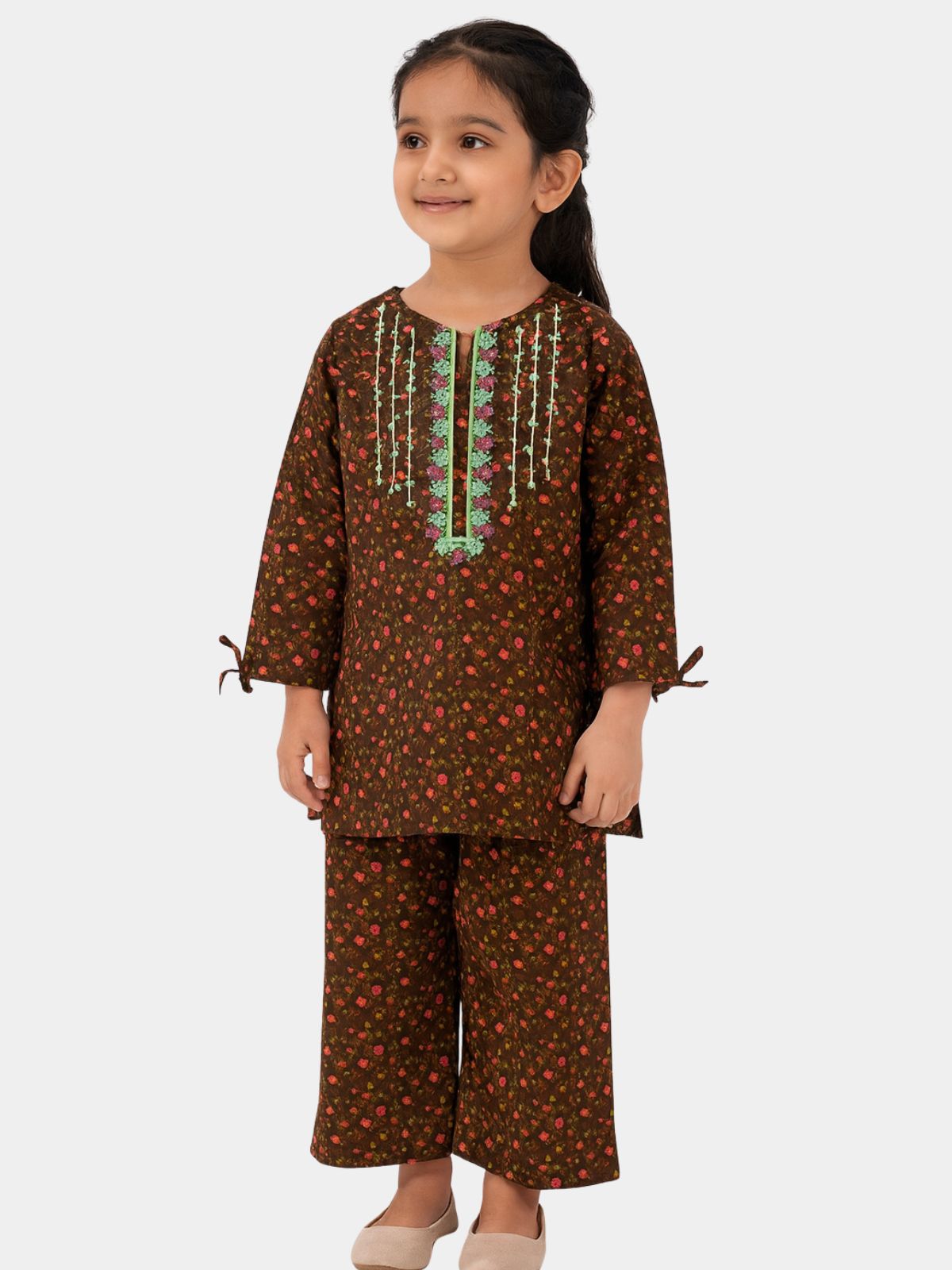 Brown Floral Courdroy Set with Green Embroidered Neckline