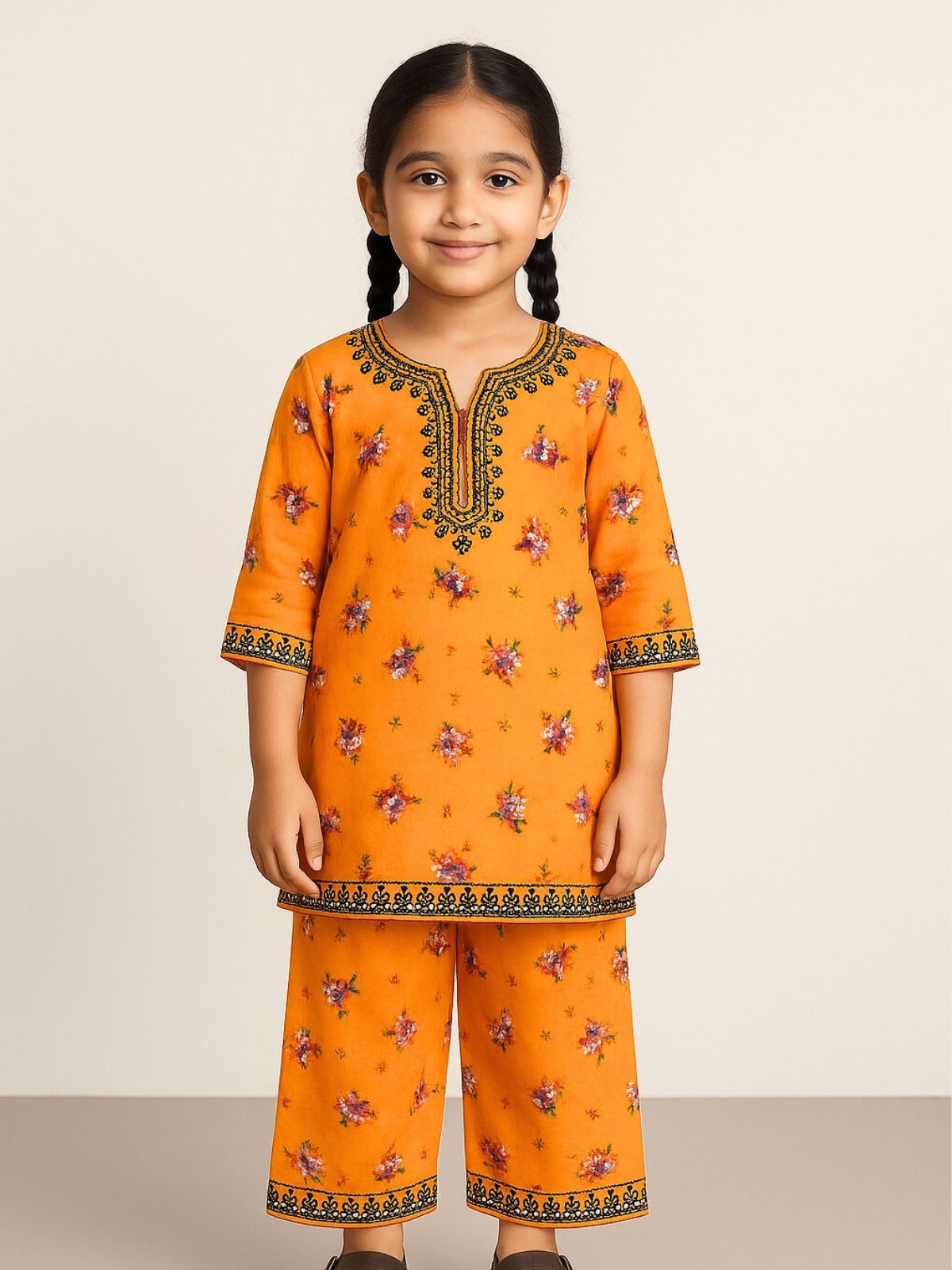Bright Orange Floral  Black Embroidery Khaddar Shalwar Qameez