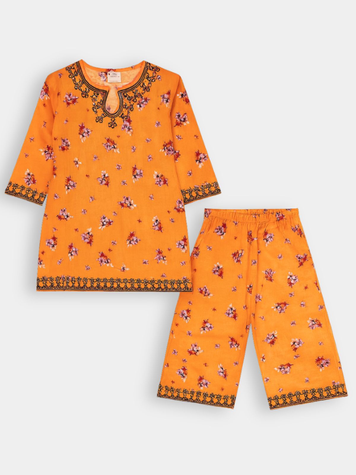 Bright Orange Floral  Black Embroidery Khaddar Shalwar Qameez