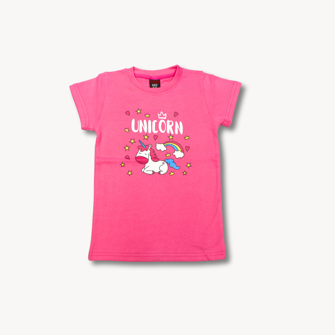 Pink Rainbow Unicorn Printed Cotton T-Shirt
