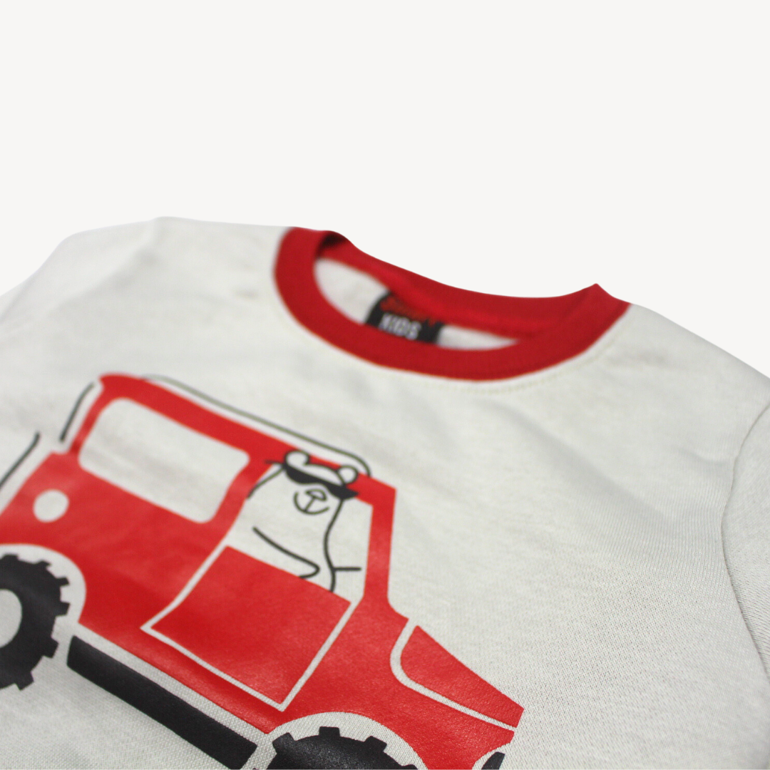 Light Grey Red Ribbed Bear Driver Printed Fleece Sweat Shirt