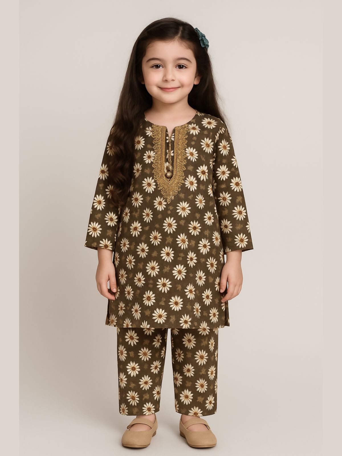 Brown Floral Flannel Soft Winters Shalwar Kameez