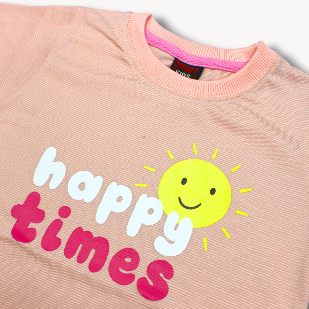 Baby Pink Happy Times Printed Cotton T-Shirt