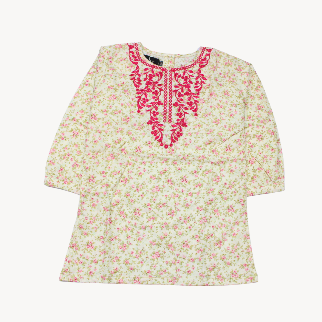 Off-White & Pink Flower Abstract Only Embroidered Khaddar Kurti