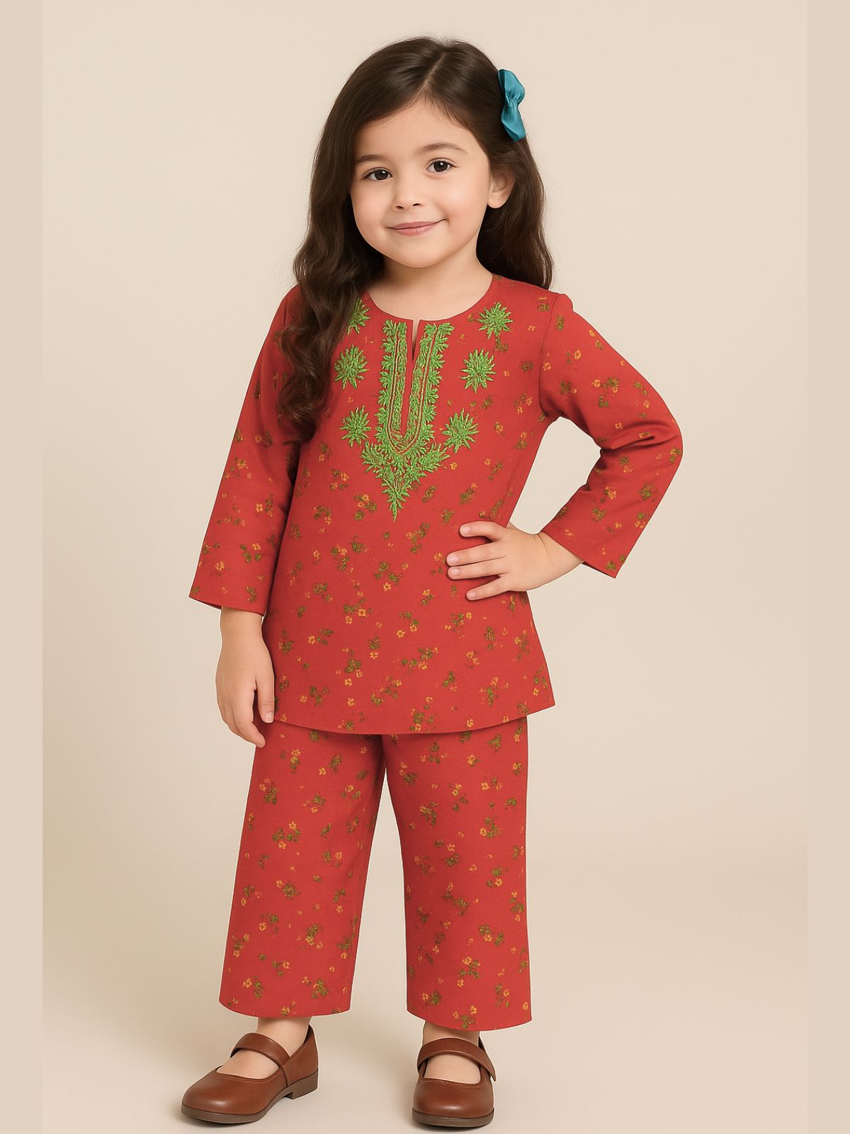 Girls’ Red Floral Flannel Soft Winters Shalwar Kameez