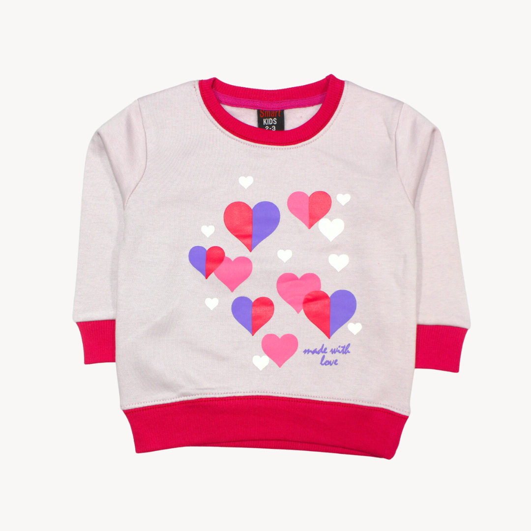 Light Purple Pink Ribbed Hearts Print Fleece Sweat Shirt