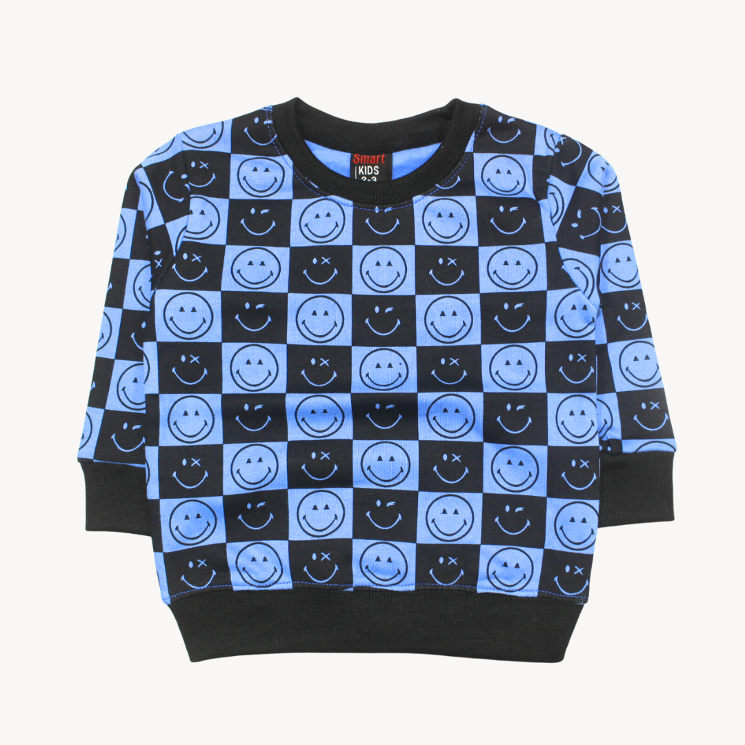 Smiley Black & Light Blue Printed Fleece Sweat Shirt
