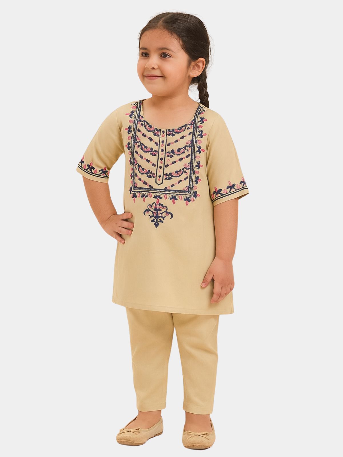 Light Brown Embroidered Corduroy 2 Pc set