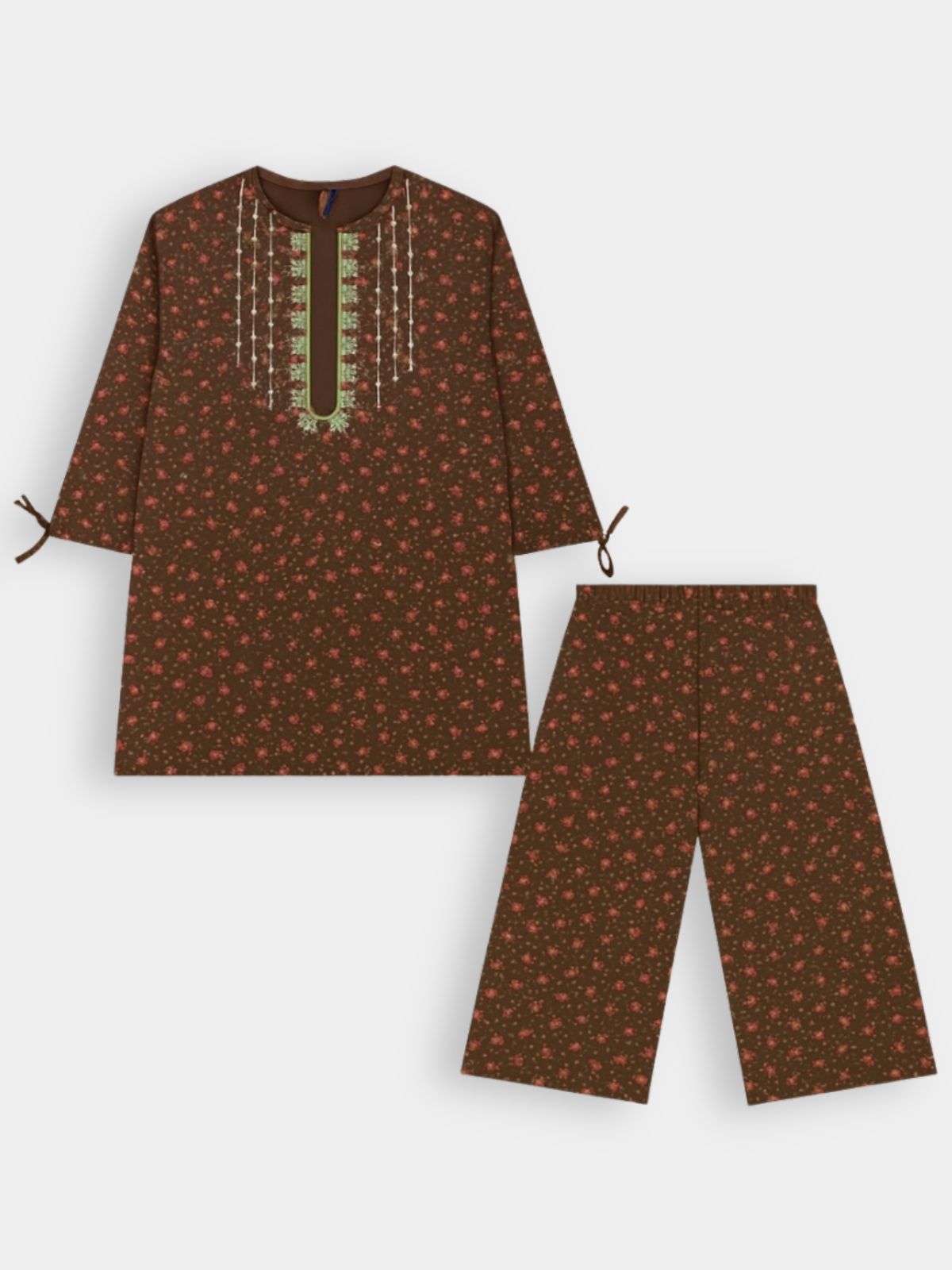 Brown Floral Courdroy Set with Green Embroidered Neckline