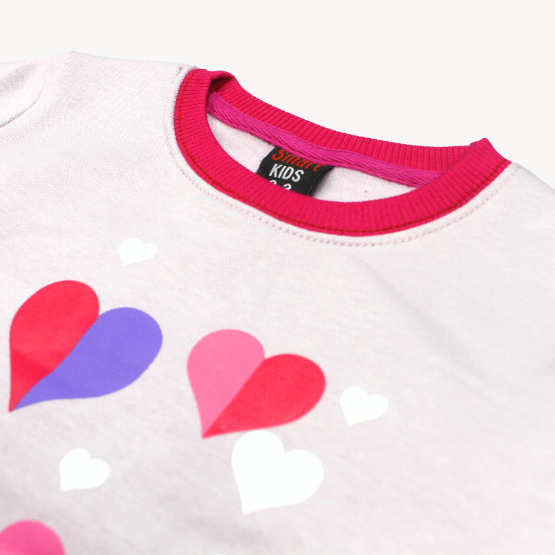 Light Purple Pink Ribbed Hearts Print Fleece Sweat Shirt