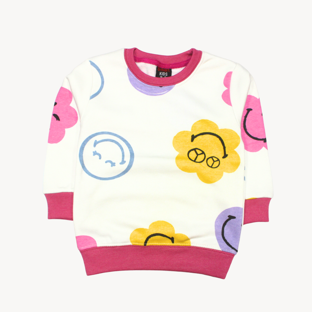White & Pink Smiley Flower Print Fleece Sweat Shirt