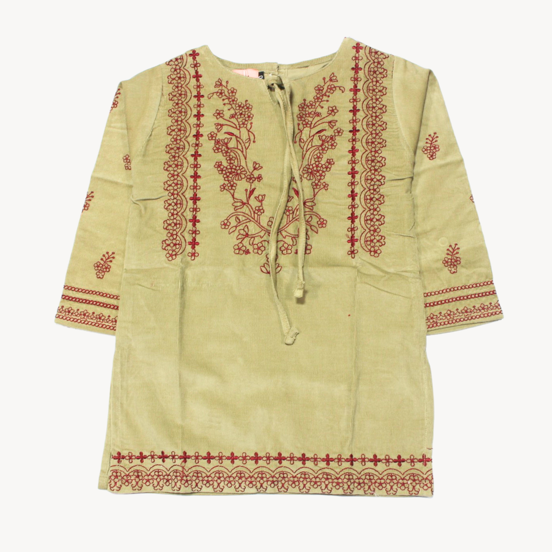 Camel & Maroon Only Embroidered Coudrouy Kurti