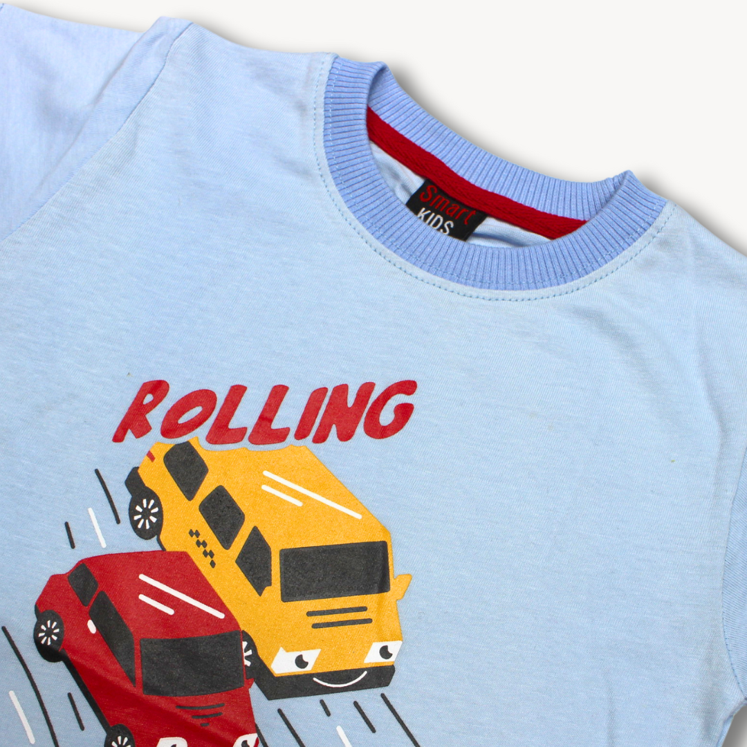 Light Blue Rolling with Dad Printed Cotton T-Shirt