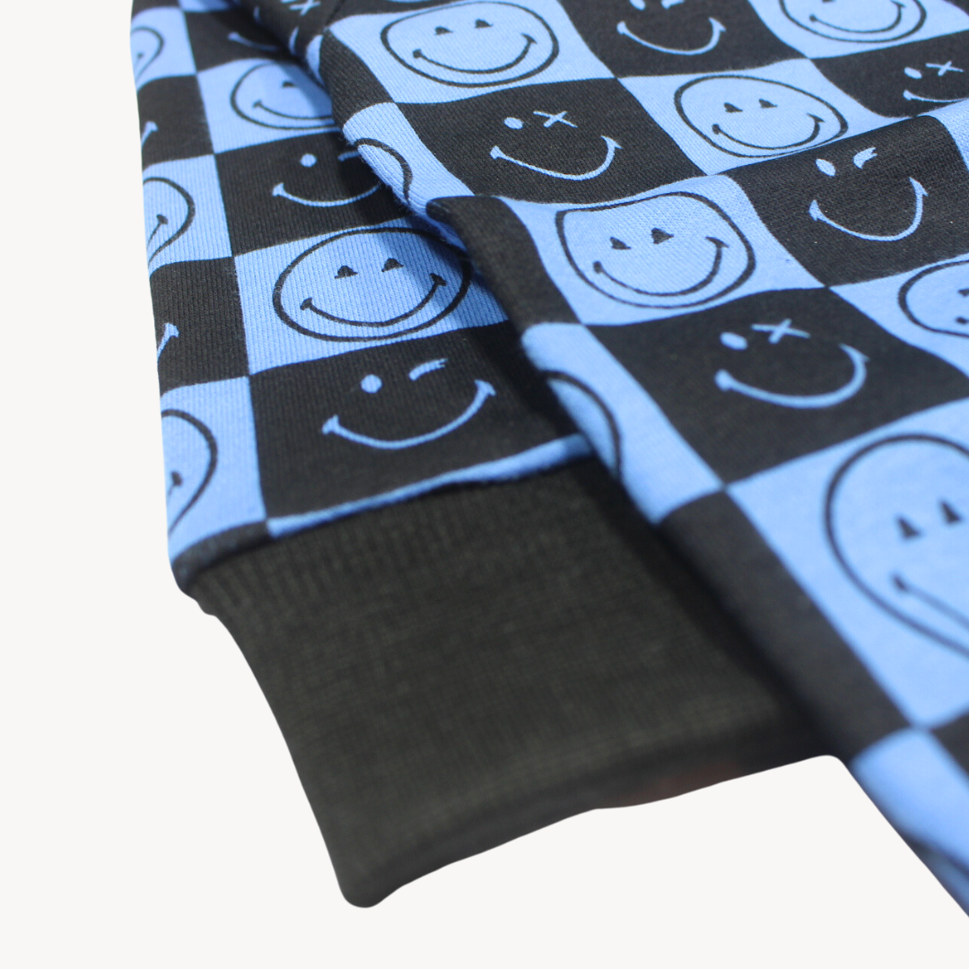 Smiley Black & Light Blue Printed Fleece Sweat Shirt