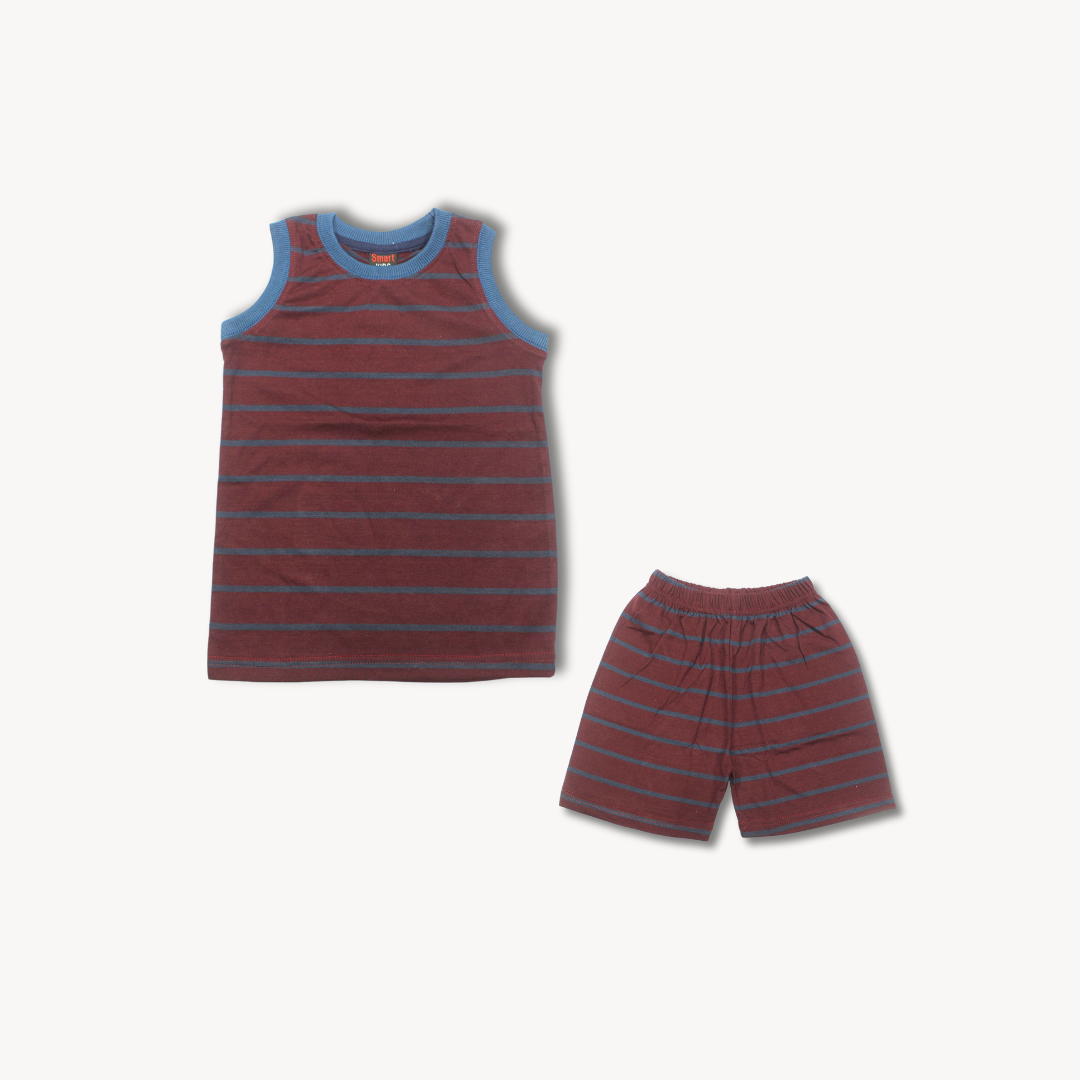 Maroon Striped Sleeveless Shirt & Short Set