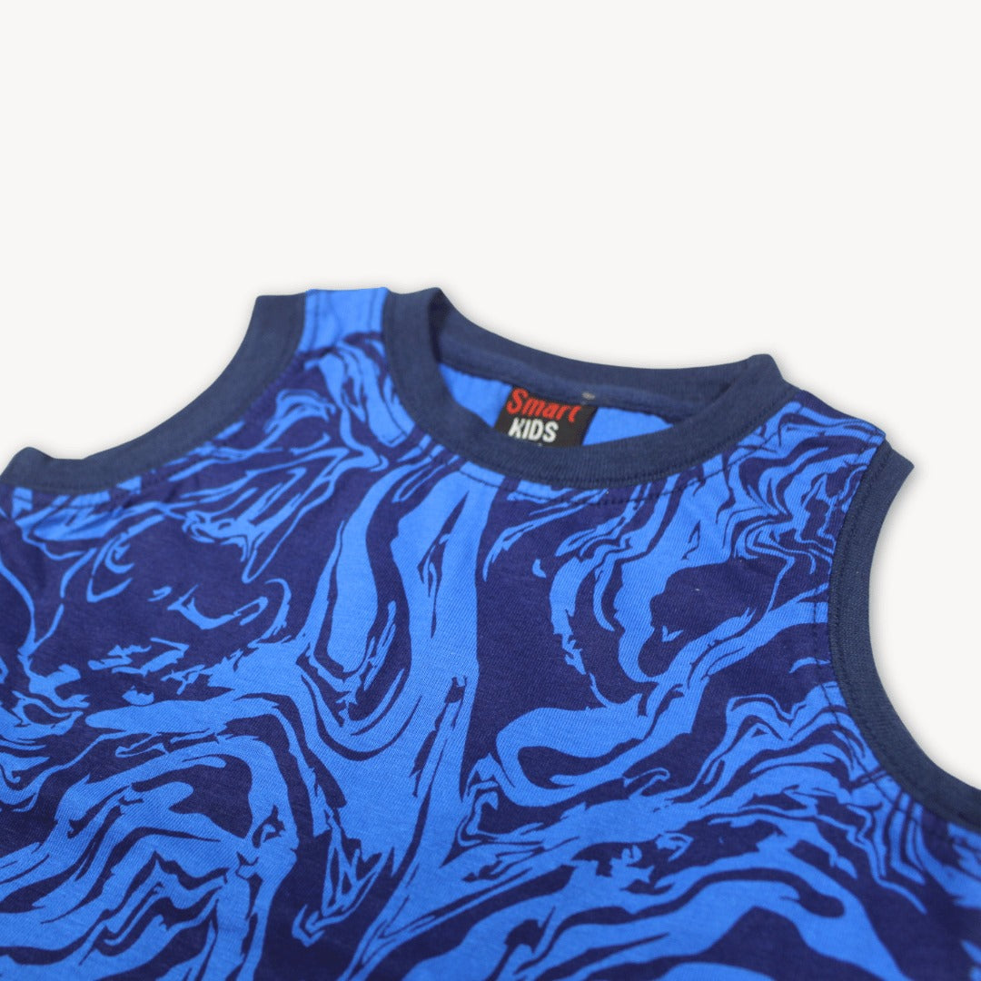 Blue Abstract Printed Sleeveless Shirt & Short Set