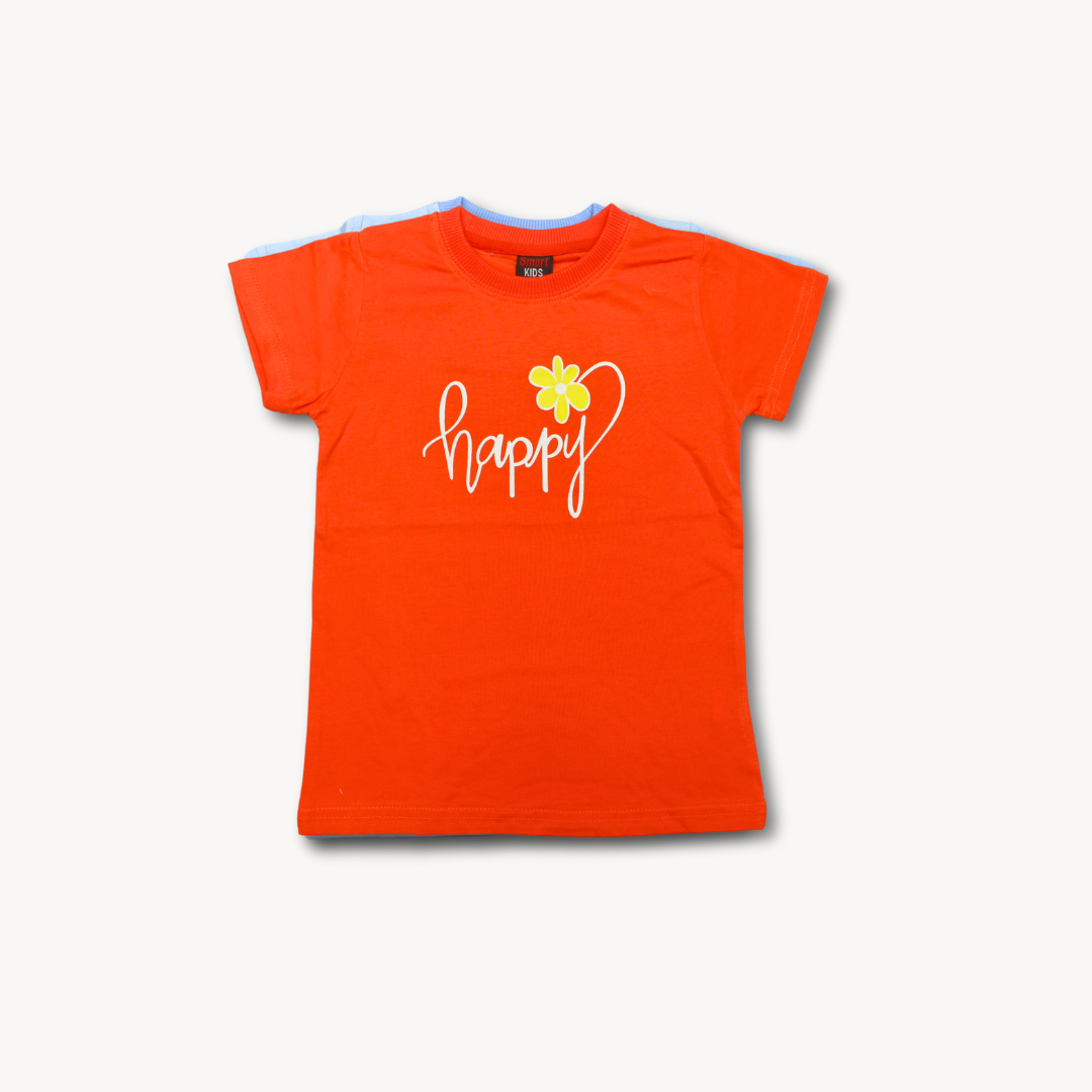 Red-Orange Happy Flower Printed Cotton T-Shirt