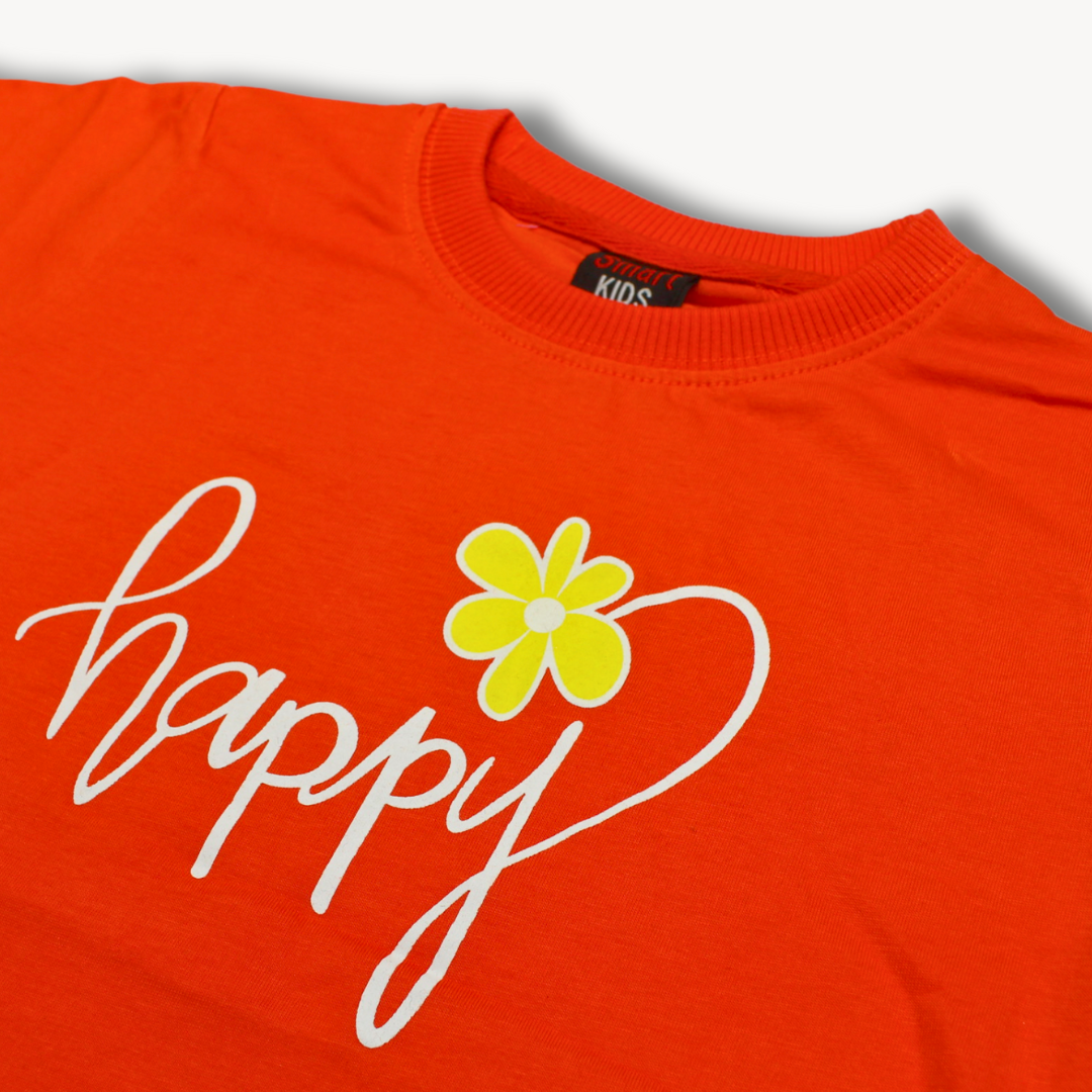 Red-Orange Happy Flower Printed Cotton T-Shirt