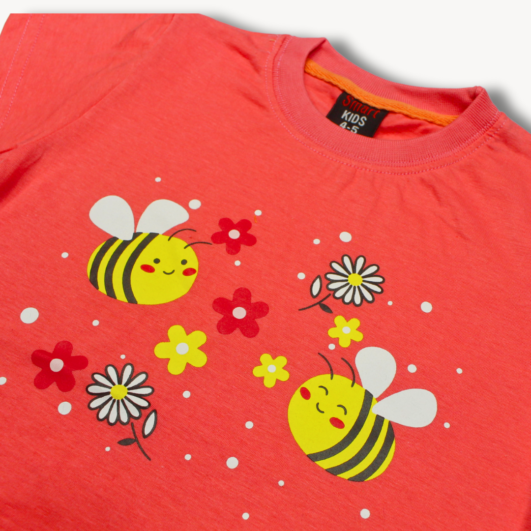 Pink-Peach Honey Bee Printed Cotton T-Shirt