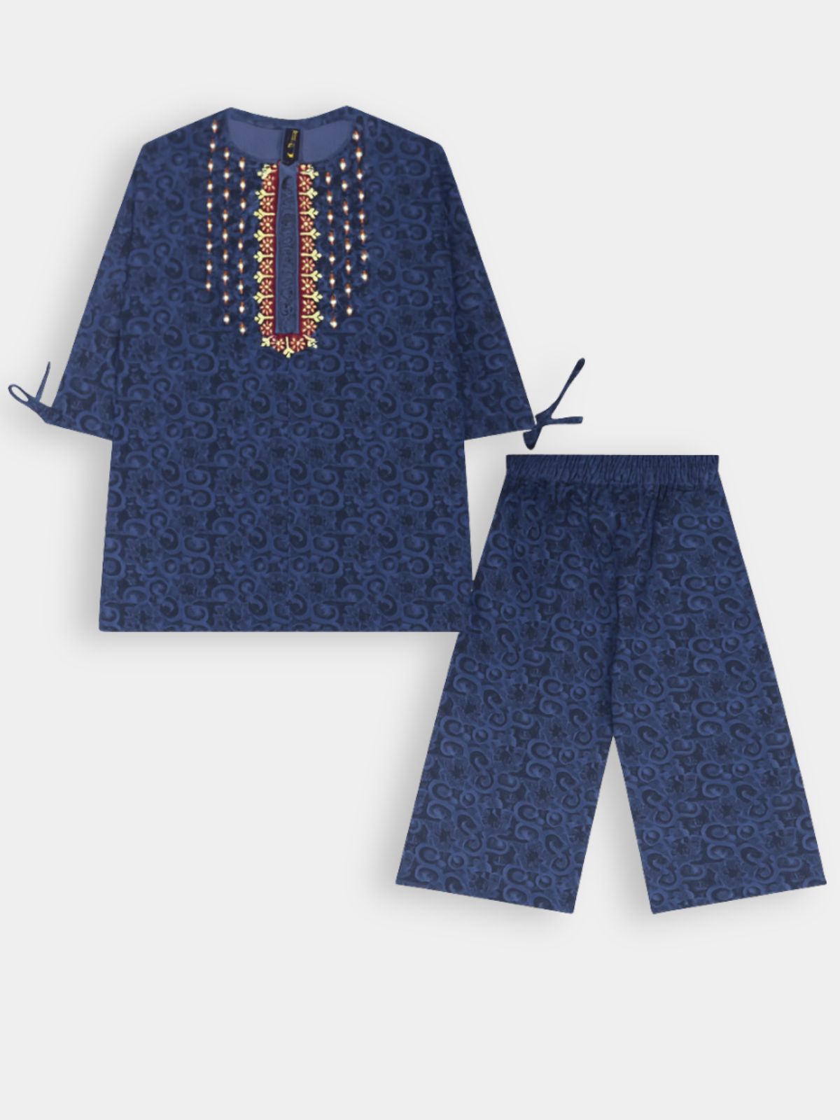 Navy Blue Courdroy Set with Maroon & Golden Embroidered Neckline