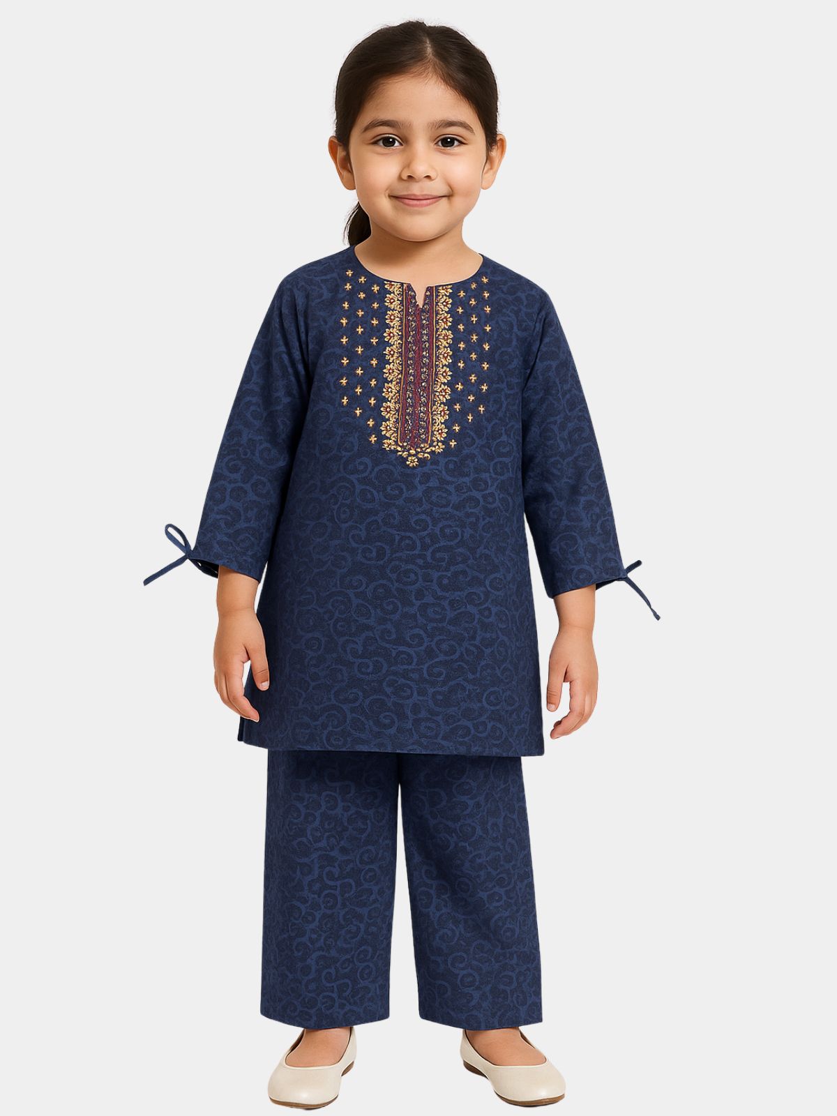 Navy Blue Courdroy Set with Maroon & Golden Embroidered Neckline