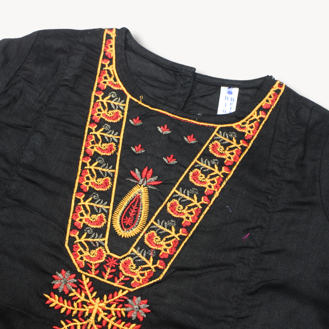 Black with Yellow Flowers Embroidered Cotton Kurti