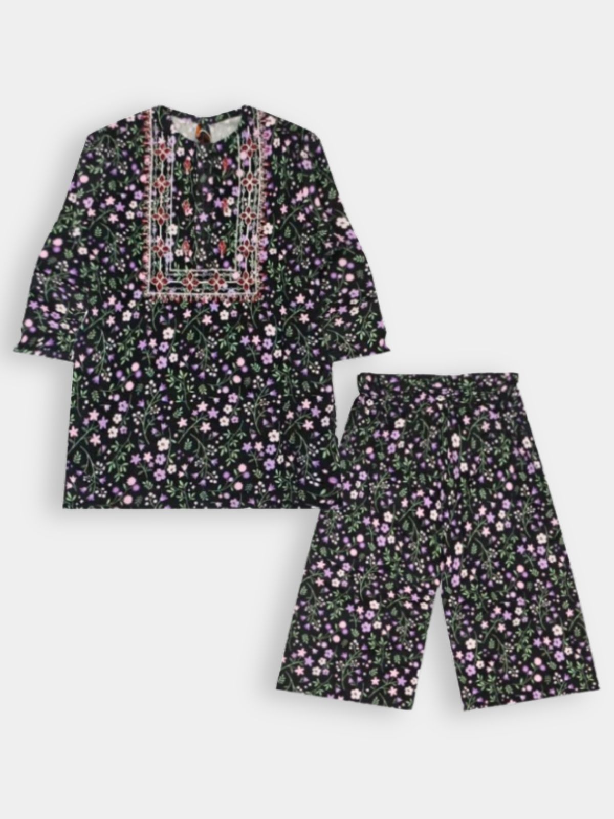 Brown Floral Printed Courdroy Set with Embroidered Neckline