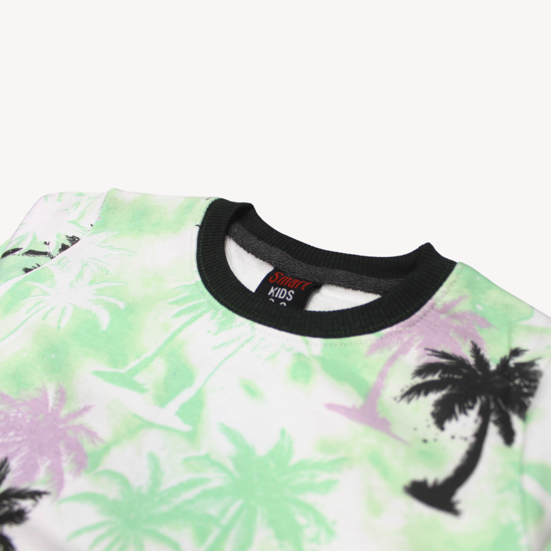 White Tropical Print Terry Sweat Shirt