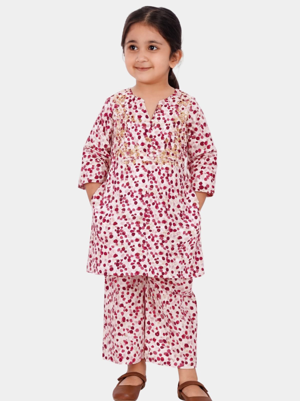 White & Pink Polka Floral Courdroy Set with Embroidered Neckline