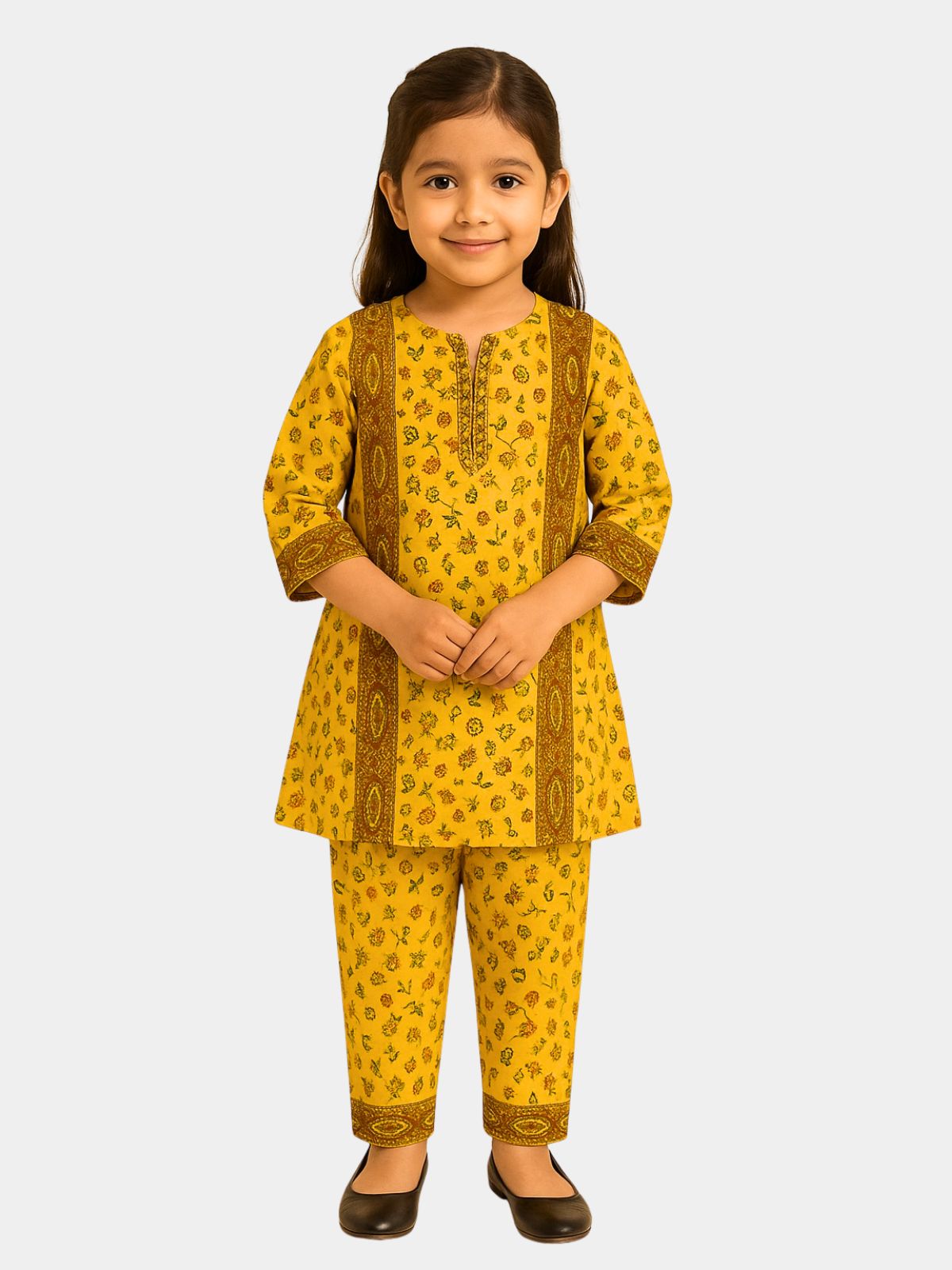 Girls Yellow & Brown Floral Printed 2-Piece Khaddar  Shalwar Qameez