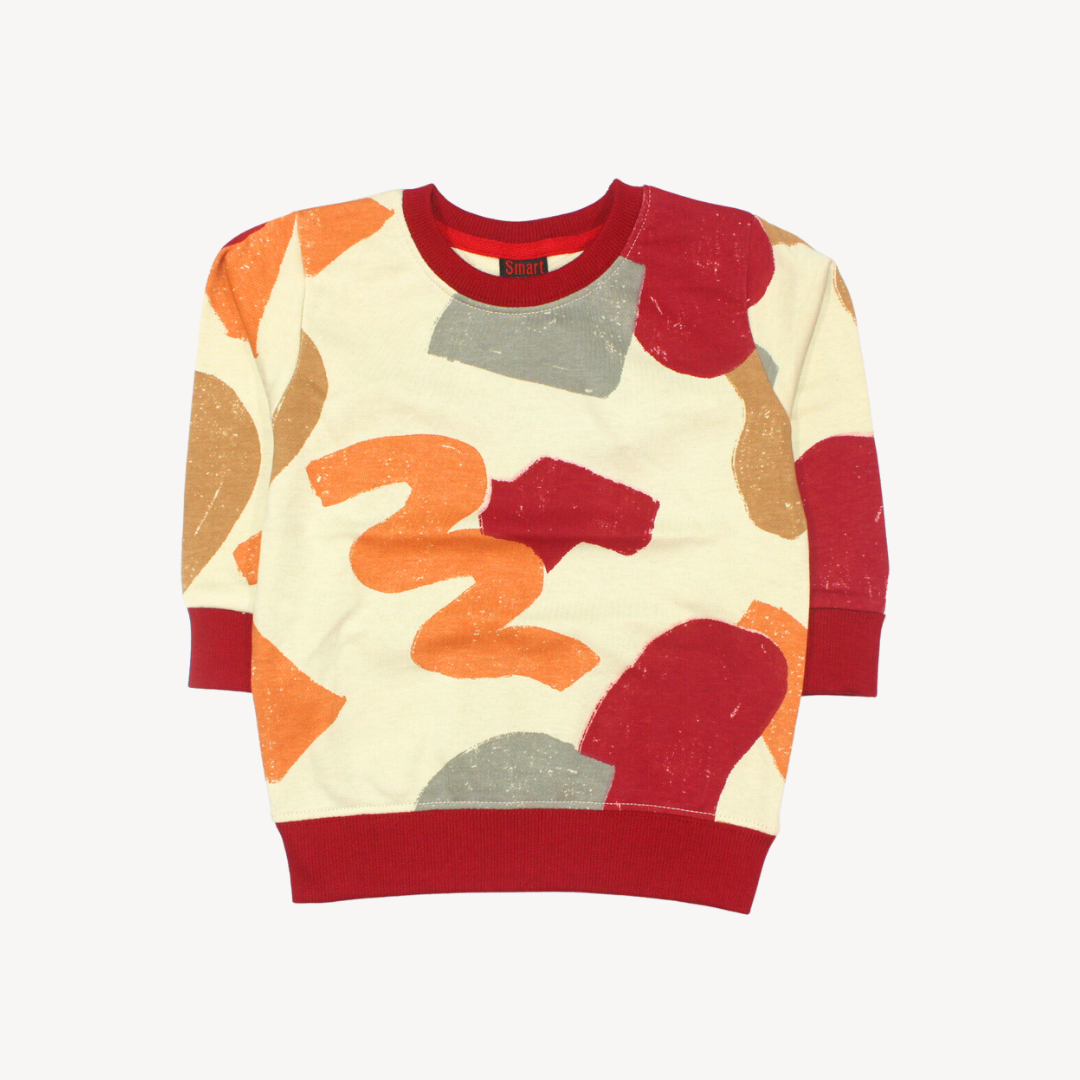 White & Red Abstract Print Terry Sweat Shirt