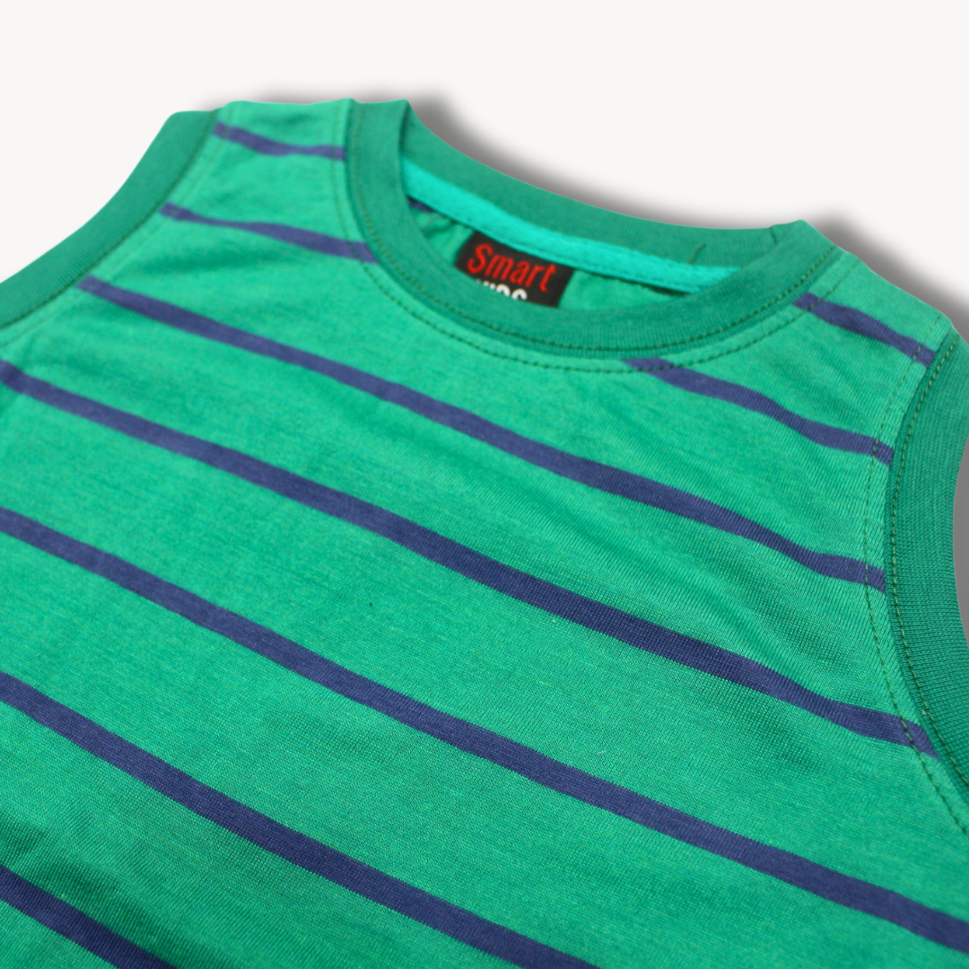 Green & Navy Stripe Sleeveless Shirt & Short Set