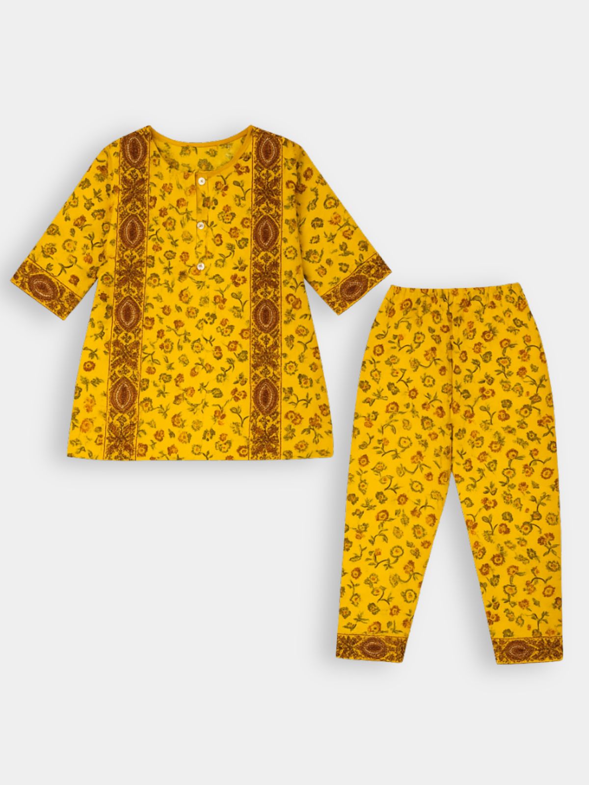 Girls Yellow & Brown Floral Printed 2-Piece Khaddar  Shalwar Qameez