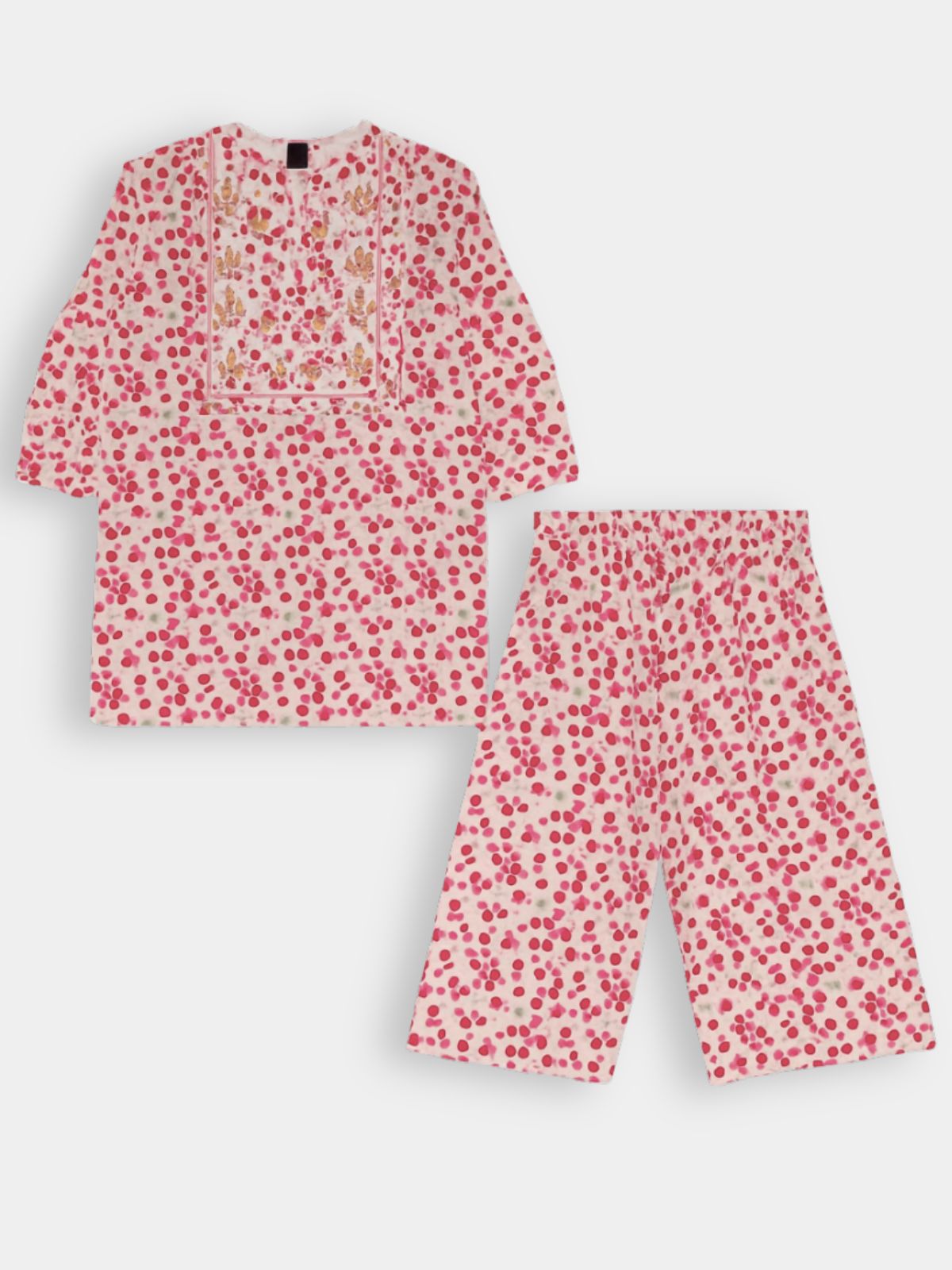 White & Pink Polka Floral Courdroy Set with Embroidered Neckline