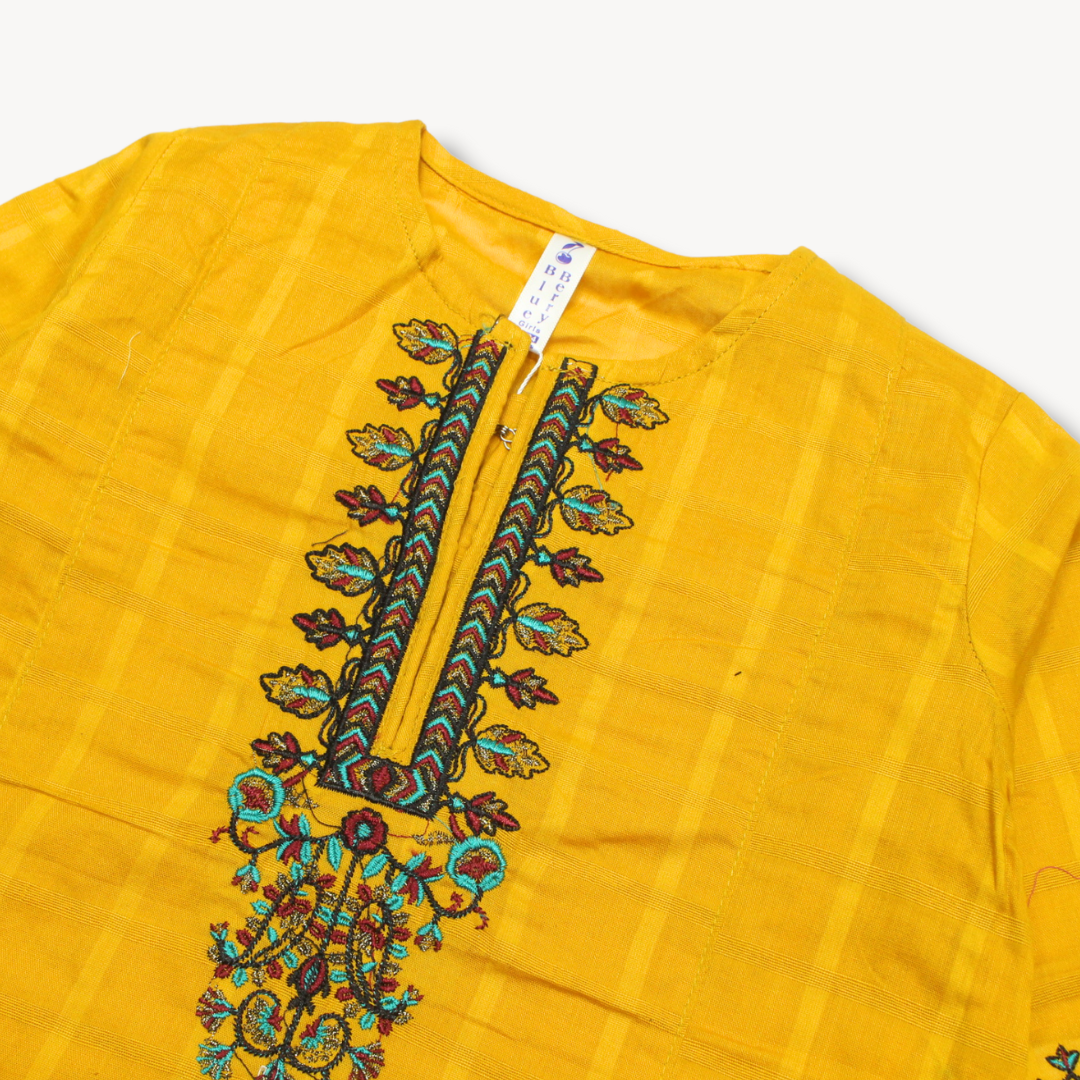 Yellow with Black Embroidered Cotton Kurti
