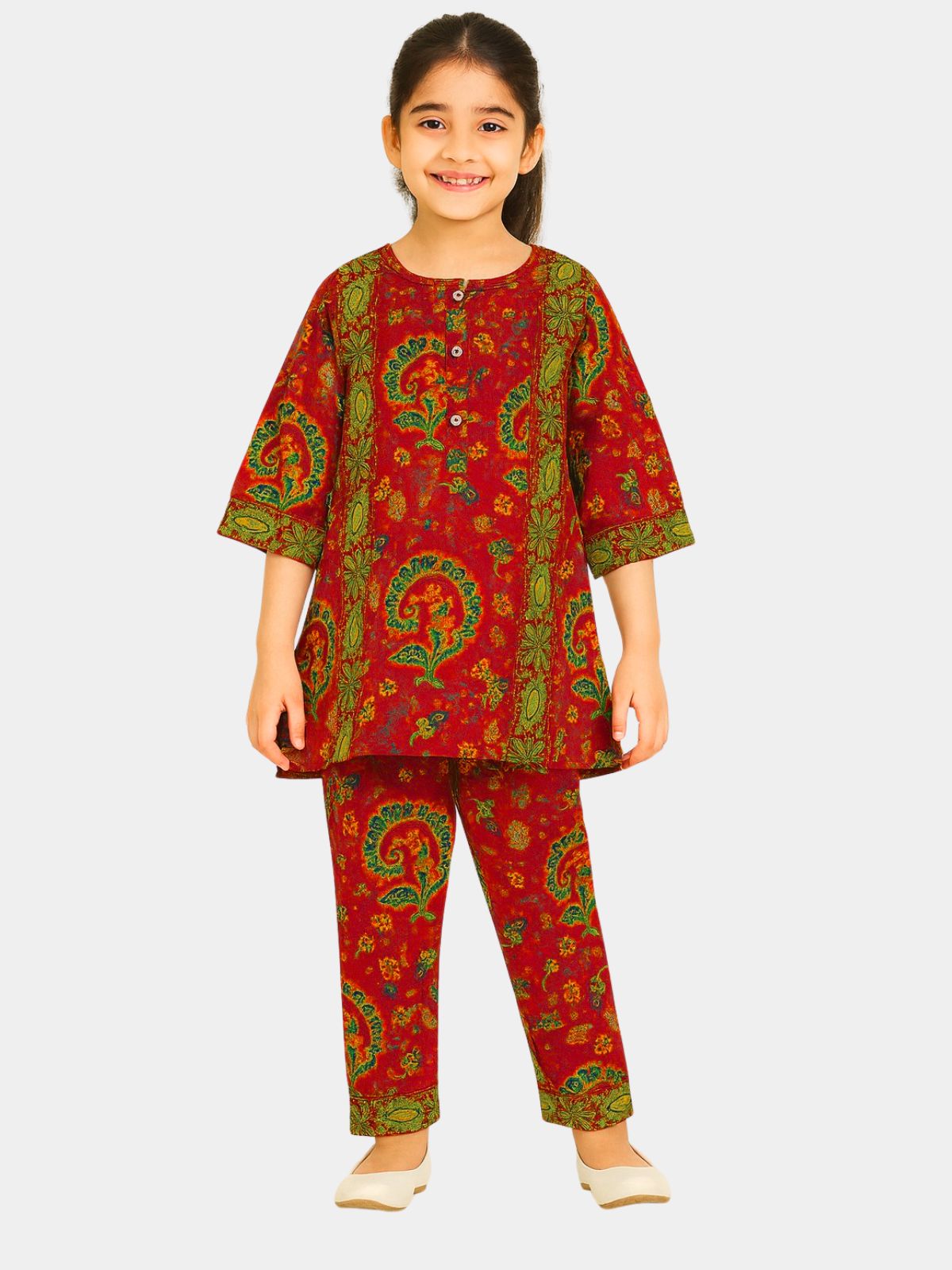 Girls Red & Green Paisley Printed 2-Piece Khaddar  Shalwar Qameez