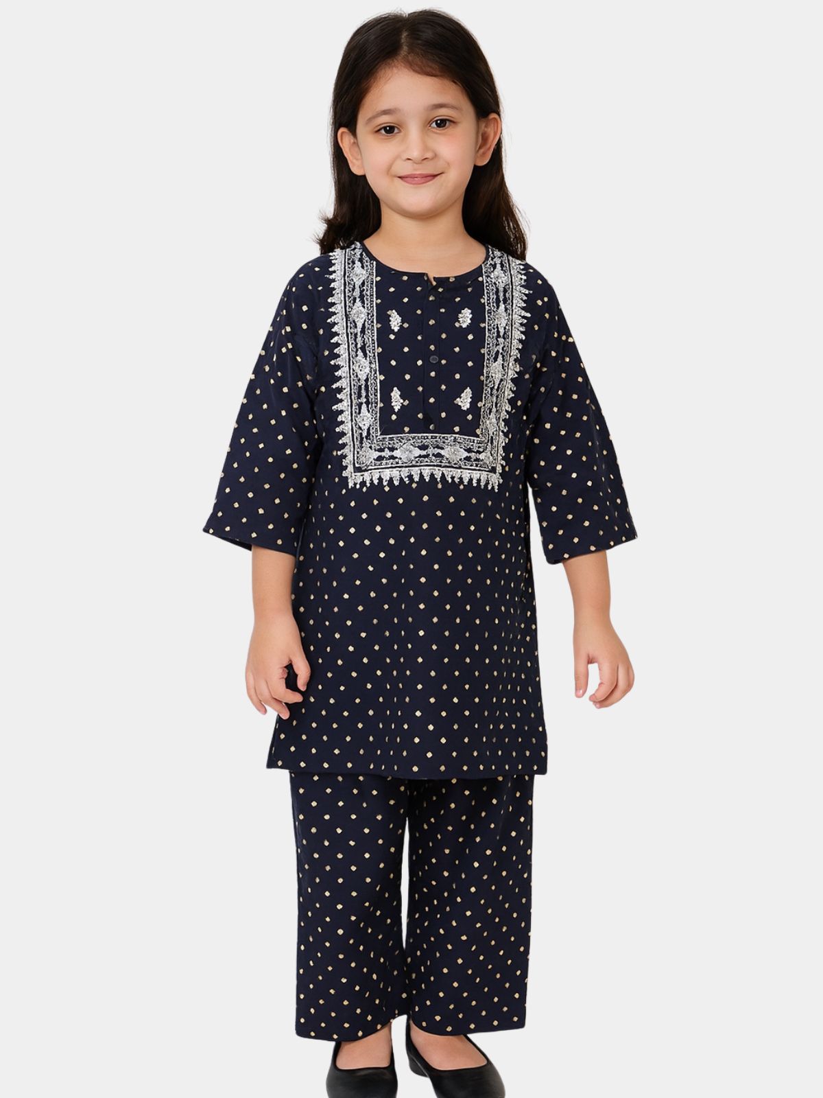 Navy Blue Polka Dot Courdroy Set with White Embroidered Neckline