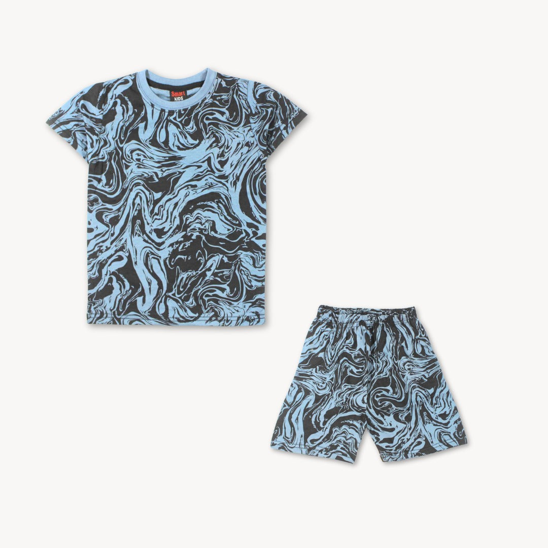 Black & Blue Abstract Print Shirt & Short Set