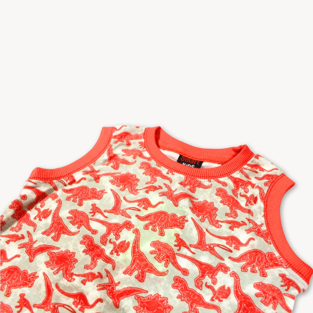 Red & Grey Dino Printed Sleeve less Shirt & Short Set