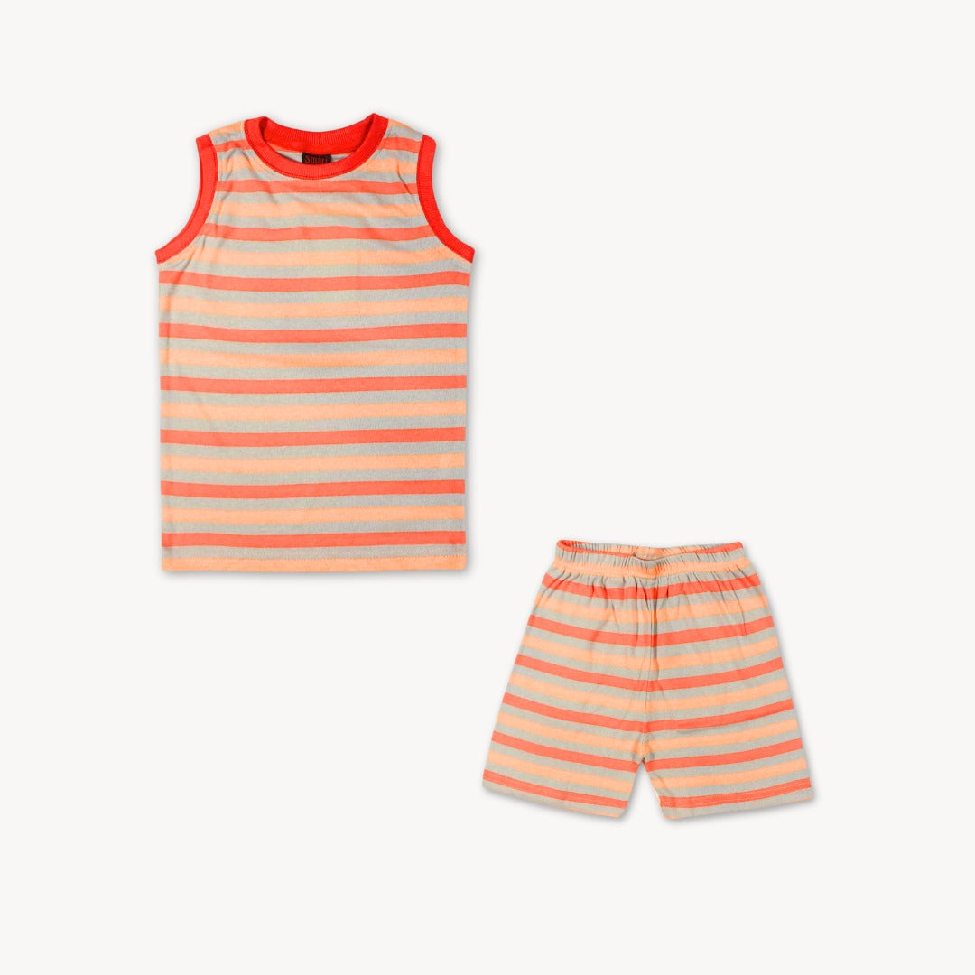 Grey & Orange Stripe Sleeveles Shirt & Short Set