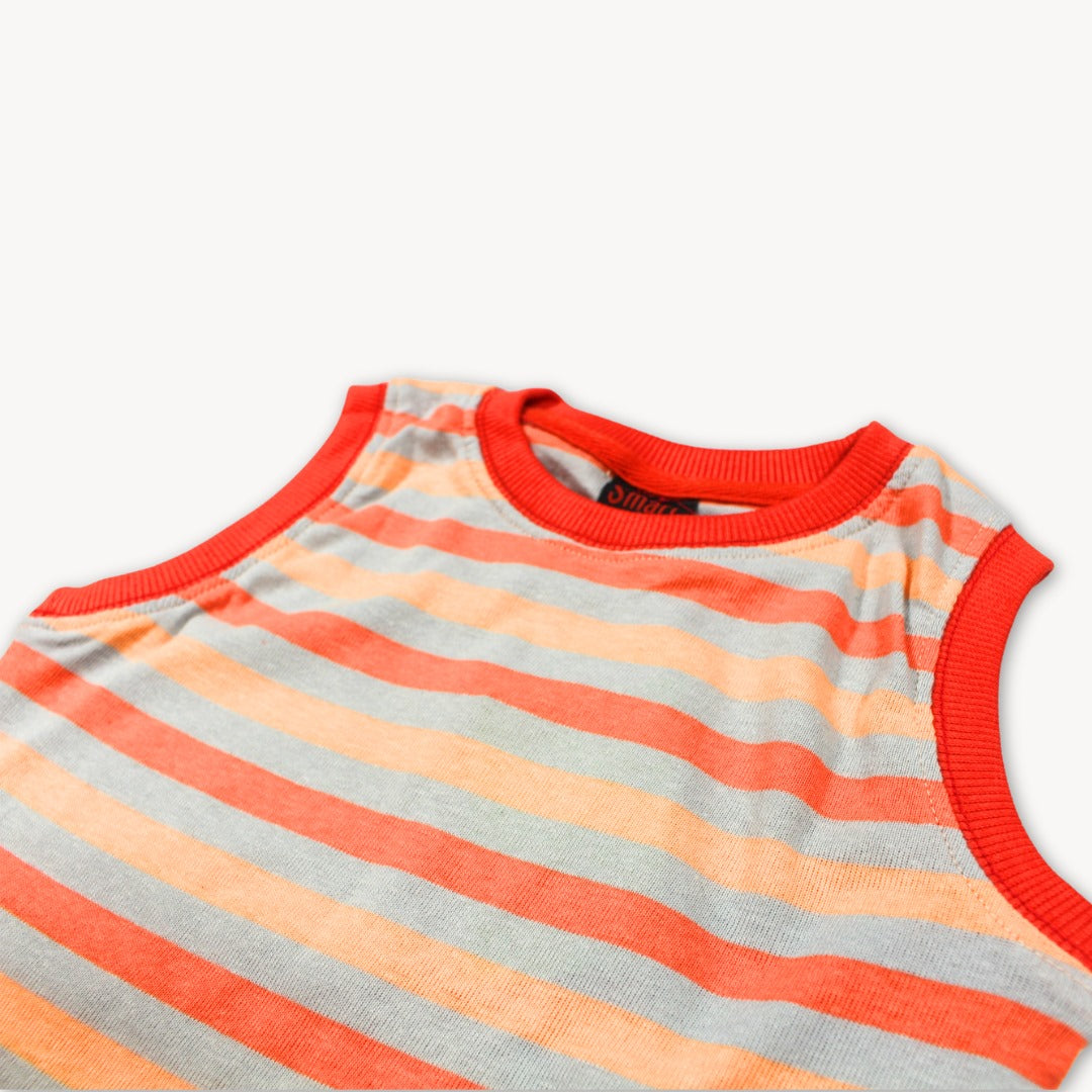 Grey & Orange Stripe Sleeveles Shirt & Short Set