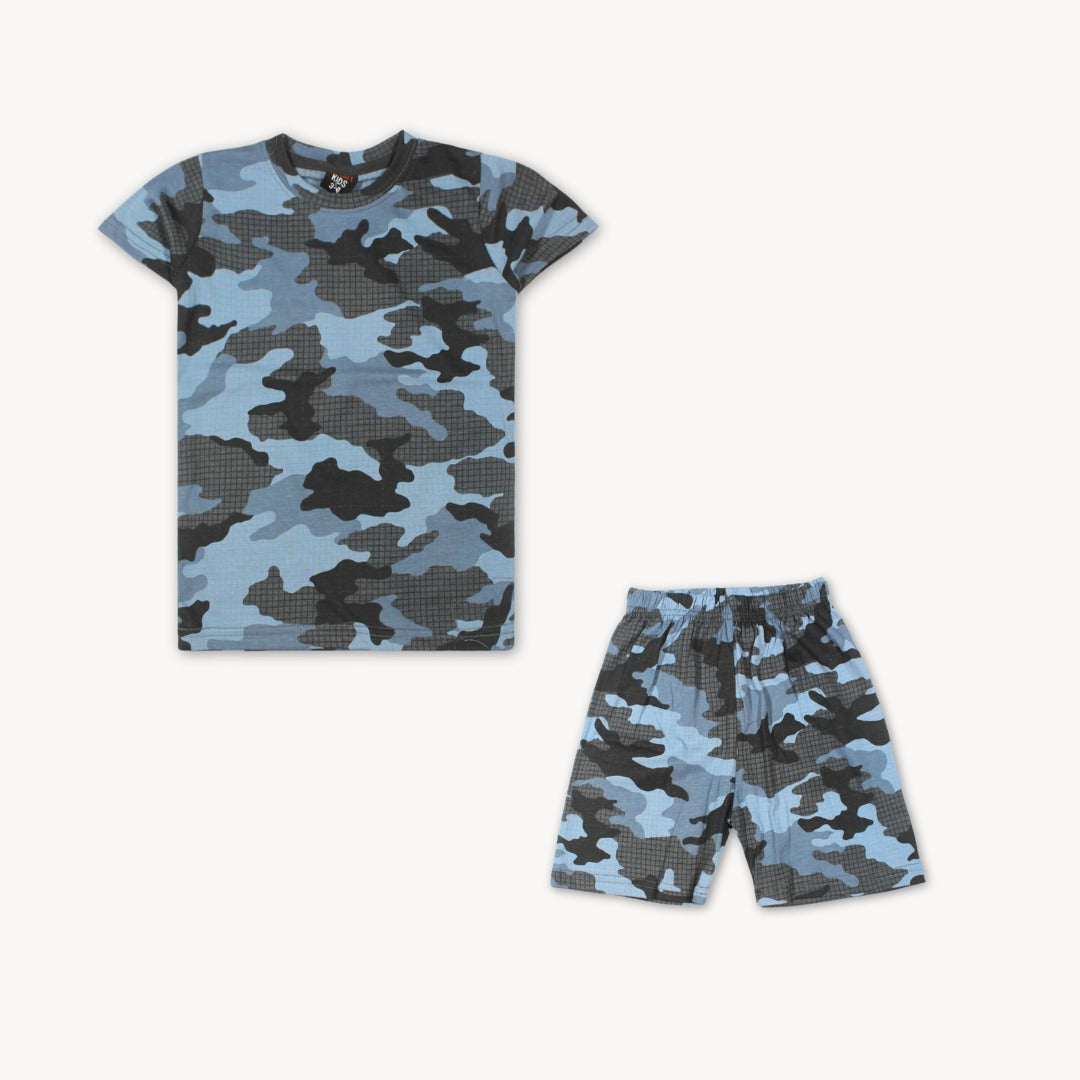 Navy Blue Camo Printed Shirt & Short Set
