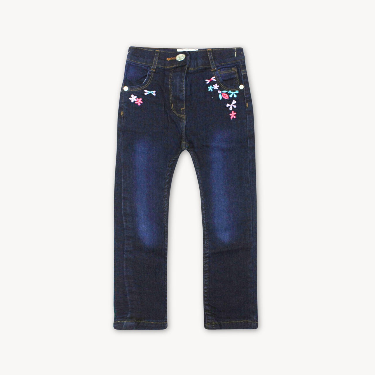 Dark Navy Blue Floral and Ribbon Embroidered Denim Jeans