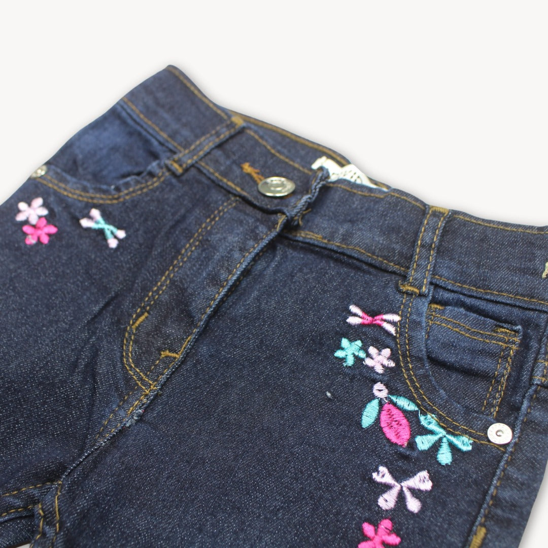Dark Navy Blue Floral and Ribbon Embroidered Denim Jeans
